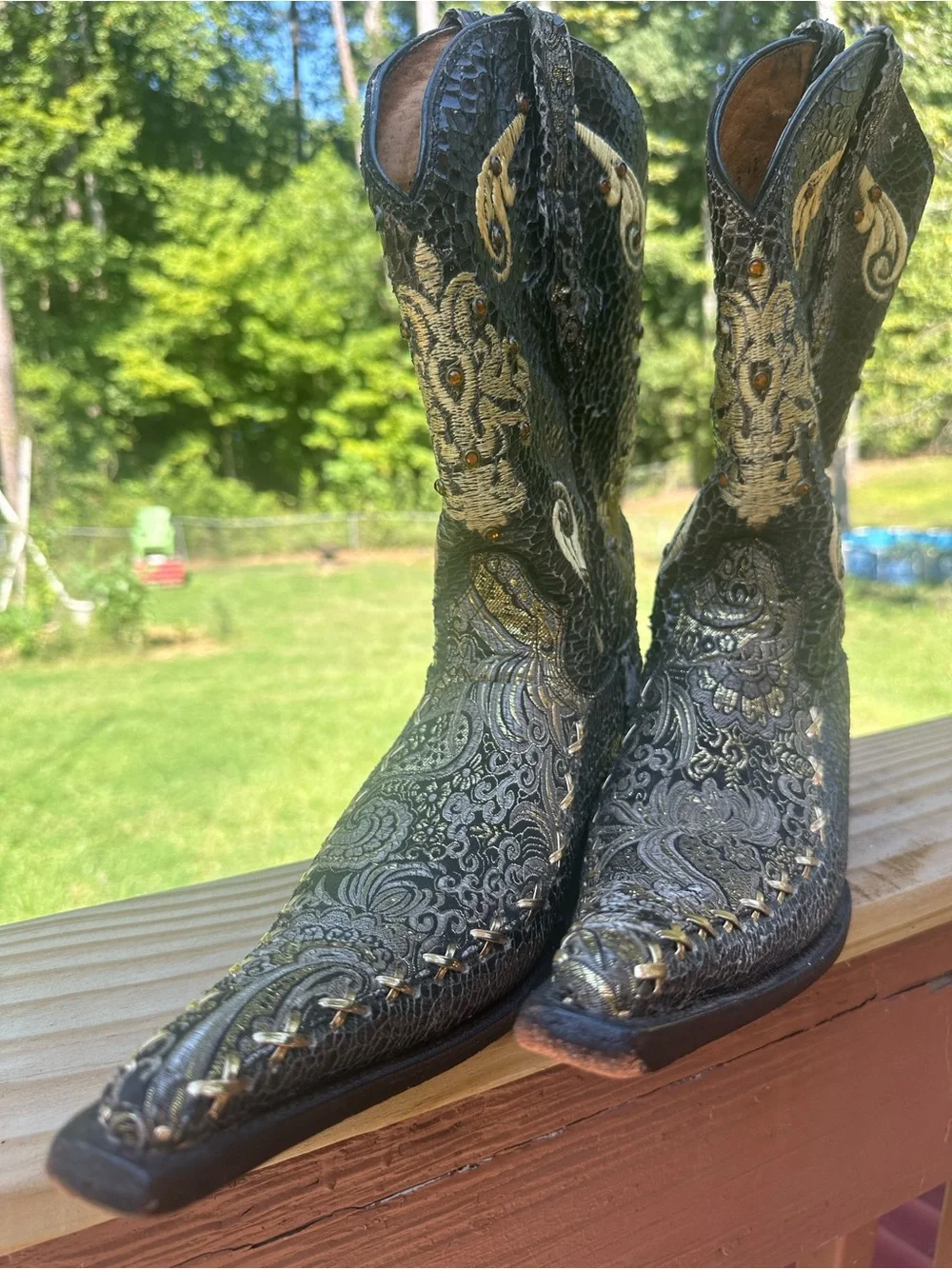 Black Embossed Leather Western Cowboy Boots with Gold Stitching